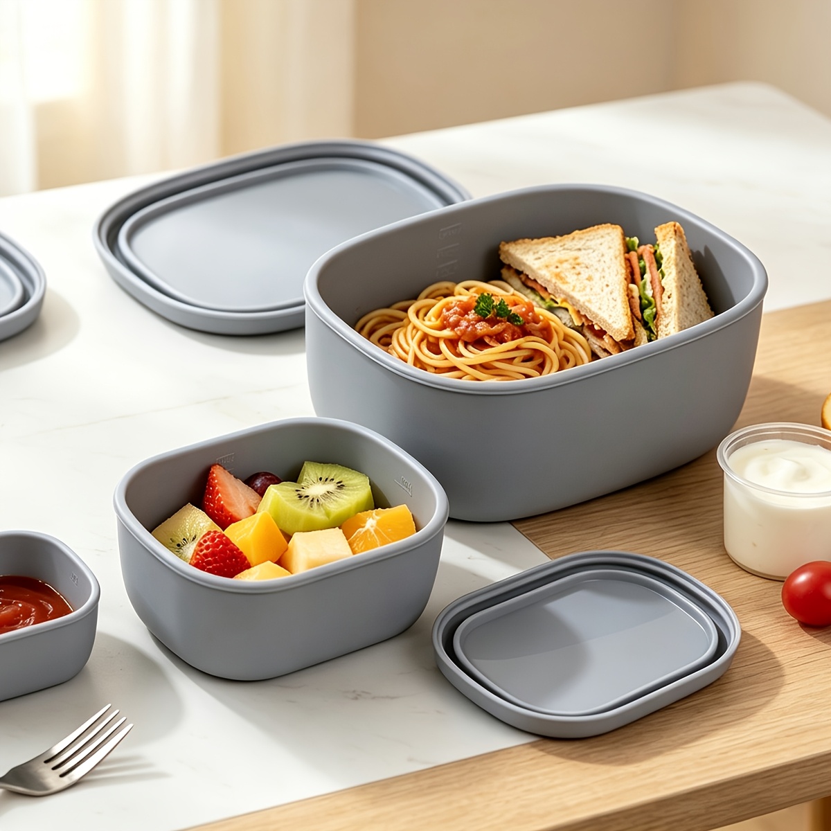 3-Pack Silicone Lunch Containers 20.29oz, 10.14oz, 6.76oz, Reusable Airtight Food Storage Boxes, Dishwasher, Microwave And Freezer Safe, Heat Resistant Meal Prep Containers for Students And Office Workers