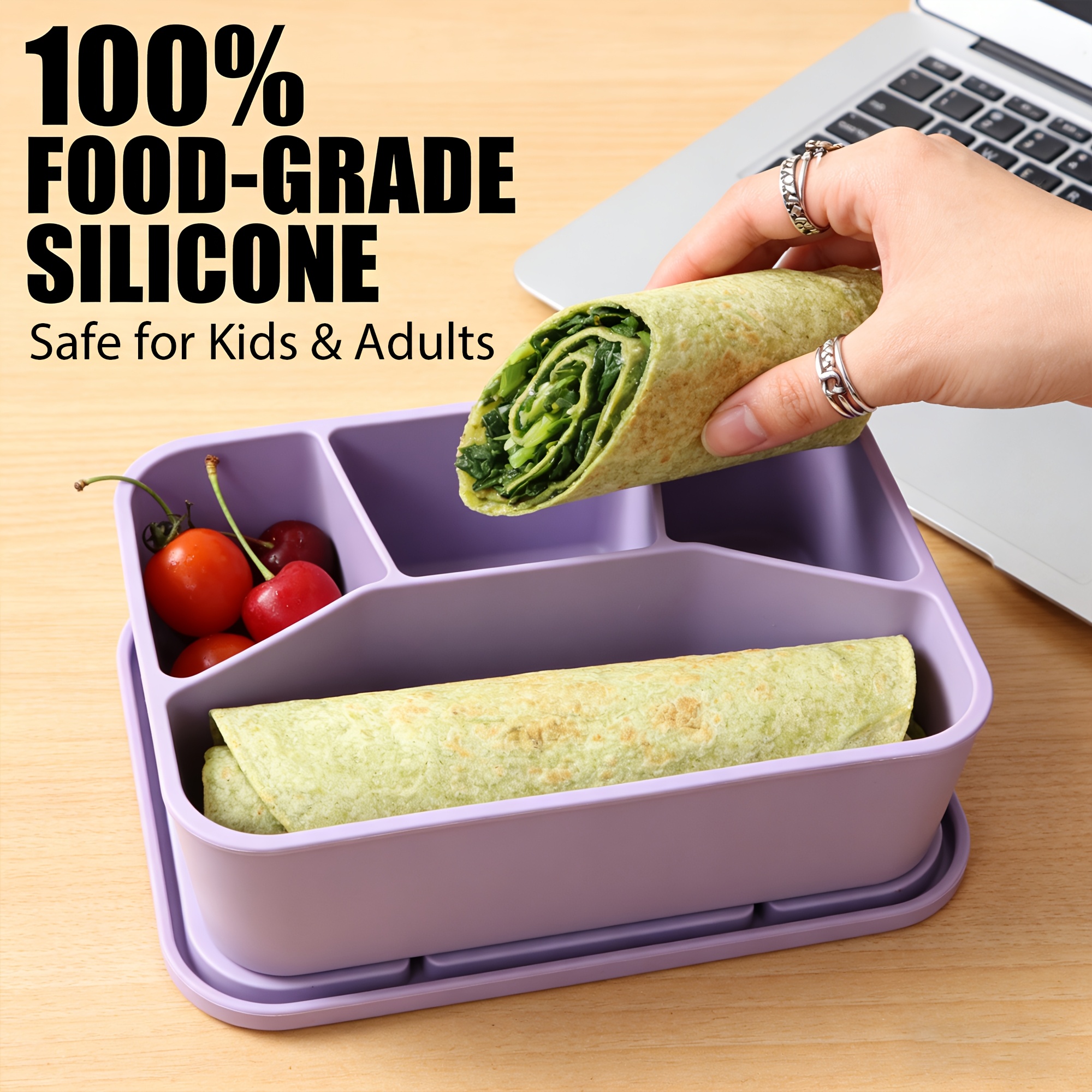 Silicone Bento Box, Reusable, 4-compartment Design, Food-grade Material, Smooth and Leak-proof Surface, Rectangular Lunch Box; Suitable for Microwave and Dishwasher, Ideal for Adults' Compartmentalized Lunch Boxes, Travel, and Food Storage