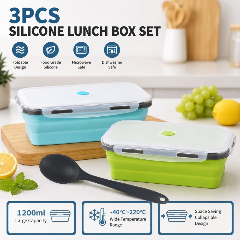 3pcs Set of Foldable Silicone Food Storage Boxes, Including 40.58Oz Lunch Boxes And Black Silicone Spoons, Stackable Meal Prep Containers, Microwave, Refrigerator And Dishwasher Safe, Reusable Space-Saving Lunch Boxes, Suitable for Leftovers, Work - Image 2