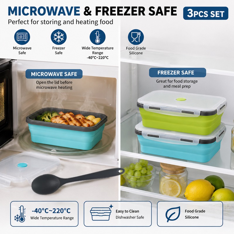 3pcs Set of Foldable Silicone Food Storage Boxes, Including 40.58Oz Lunch Boxes And Black Silicone Spoons, Stackable Meal Prep Containers, Microwave, Refrigerator And Dishwasher Safe, Reusable Space-Saving Lunch Boxes, Suitable for Leftovers, Work - Image 3
