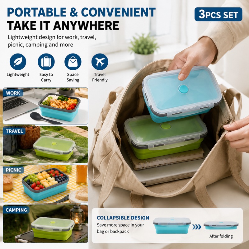 3pcs Set of Foldable Silicone Food Storage Boxes, Including 40.58Oz Lunch Boxes And Black Silicone Spoons, Stackable Meal Prep Containers, Microwave, Refrigerator And Dishwasher Safe, Reusable Space-Saving Lunch Boxes, Suitable for Leftovers, Work - Image 4