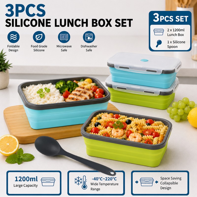 3pcs Set of Foldable Silicone Food Storage Boxes, Including 40.58Oz Lunch Boxes And Black Silicone Spoons, Stackable Meal Prep Containers, Microwave, Refrigerator And Dishwasher Safe, Reusable Space-Saving Lunch Boxes, Suitable for Leftovers, Work