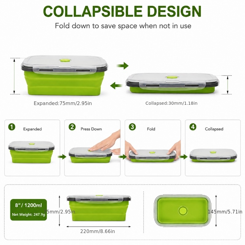 3pcs Set of Foldable Silicone Food Storage Boxes, Including 40.58Oz Lunch Boxes And Black Silicone Spoons, Stackable Meal Prep Containers, Microwave, Refrigerator And Dishwasher Safe, Reusable Space-Saving Lunch Boxes, Suitable for Leftovers, Work - Image 8