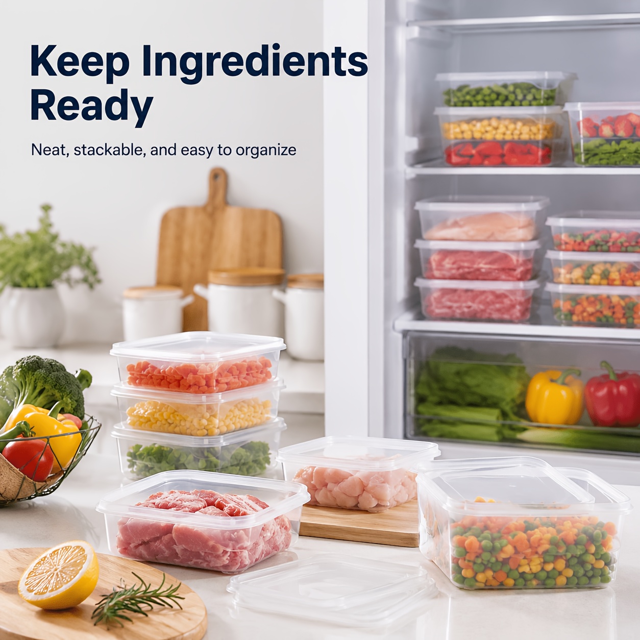 8pcs Set (4pcs Containers And 4pcs Lids) PP Refrigerator Food Storage Boxes, Transparent Stackable Freezer Ingredients Preparation Boxes, Suitable for Meat, Scallions, Ginger, Garlic, Vegetables, Refrigerator Organization, Camping, And Daily Storage - Image 6