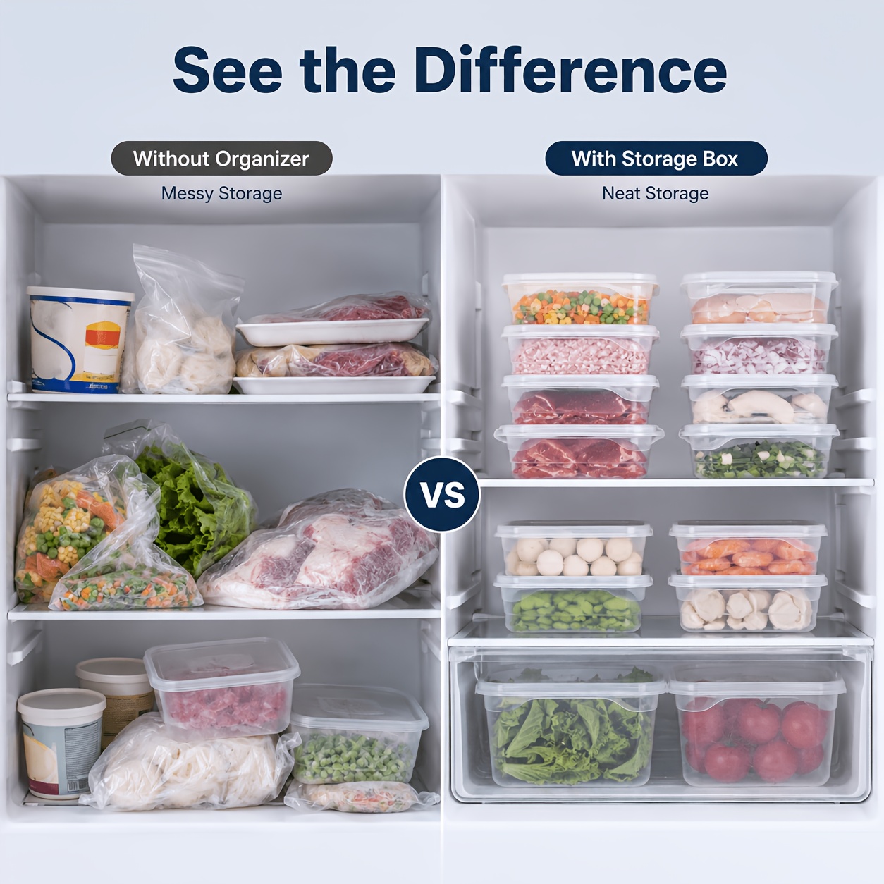 8pcs Set (4pcs Containers And 4pcs Lids) PP Refrigerator Food Storage Boxes, Transparent Stackable Freezer Ingredients Preparation Boxes, Suitable for Meat, Scallions, Ginger, Garlic, Vegetables, Refrigerator Organization, Camping, And Daily Storage - Image 5