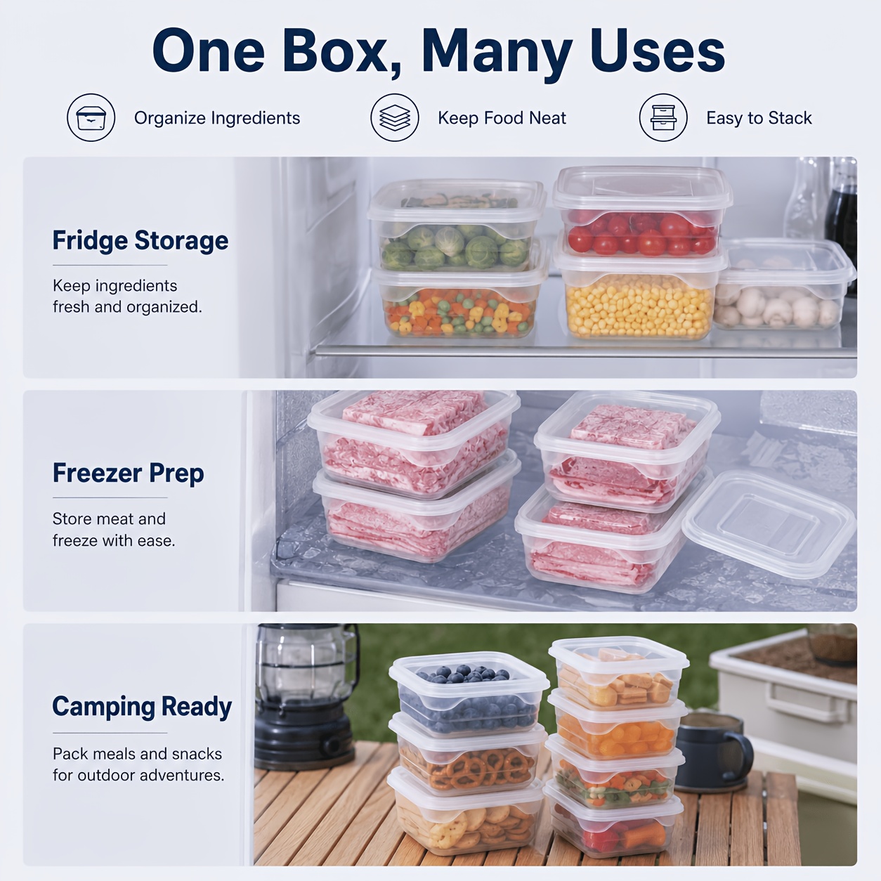 8pcs Set (4pcs Containers And 4pcs Lids) PP Refrigerator Food Storage Boxes, Transparent Stackable Freezer Ingredients Preparation Boxes, Suitable for Meat, Scallions, Ginger, Garlic, Vegetables, Refrigerator Organization, Camping, And Daily Storage - Image 4