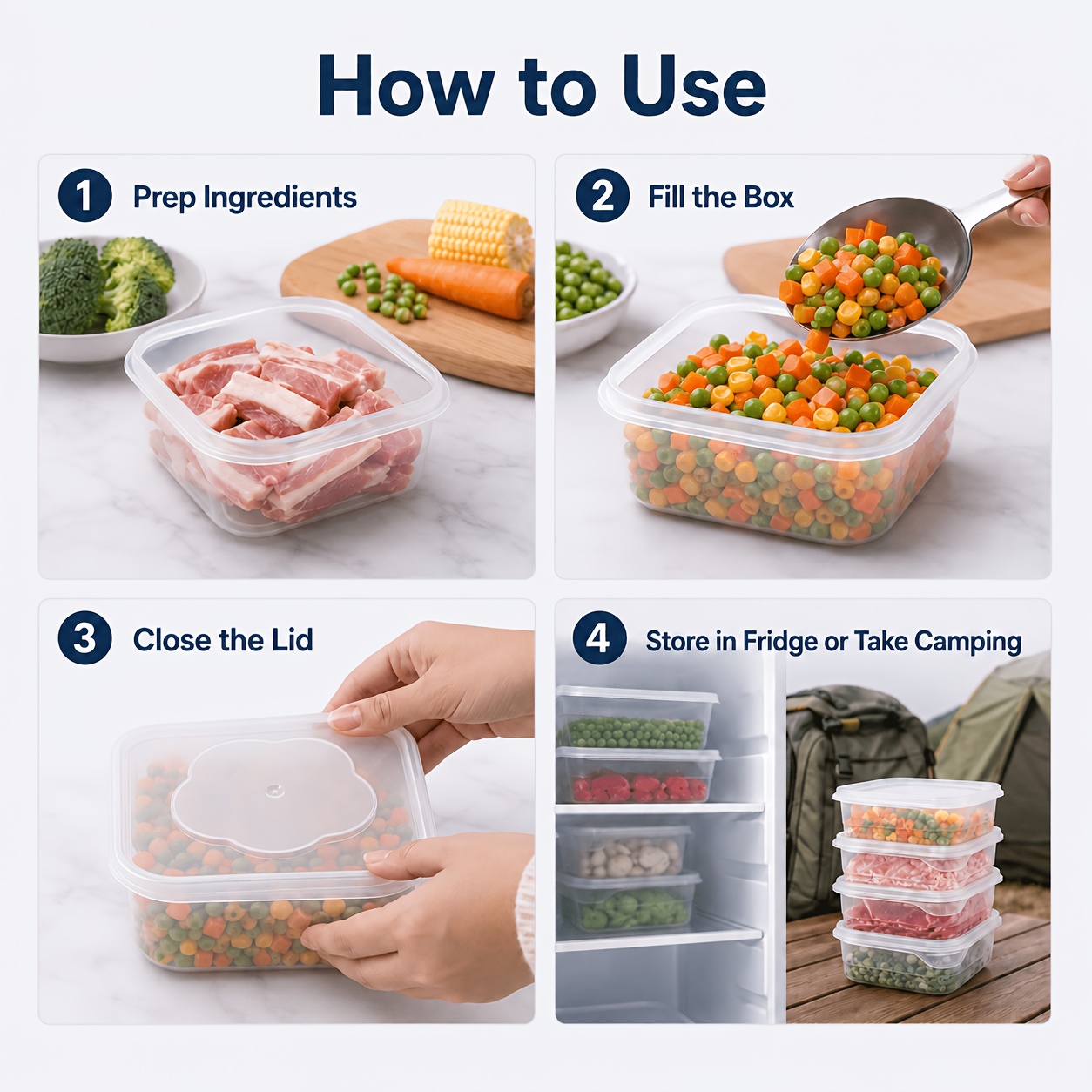 8pcs Set (4pcs Containers And 4pcs Lids) PP Refrigerator Food Storage Boxes, Transparent Stackable Freezer Ingredients Preparation Boxes, Suitable for Meat, Scallions, Ginger, Garlic, Vegetables, Refrigerator Organization, Camping, And Daily Storage - Image 3