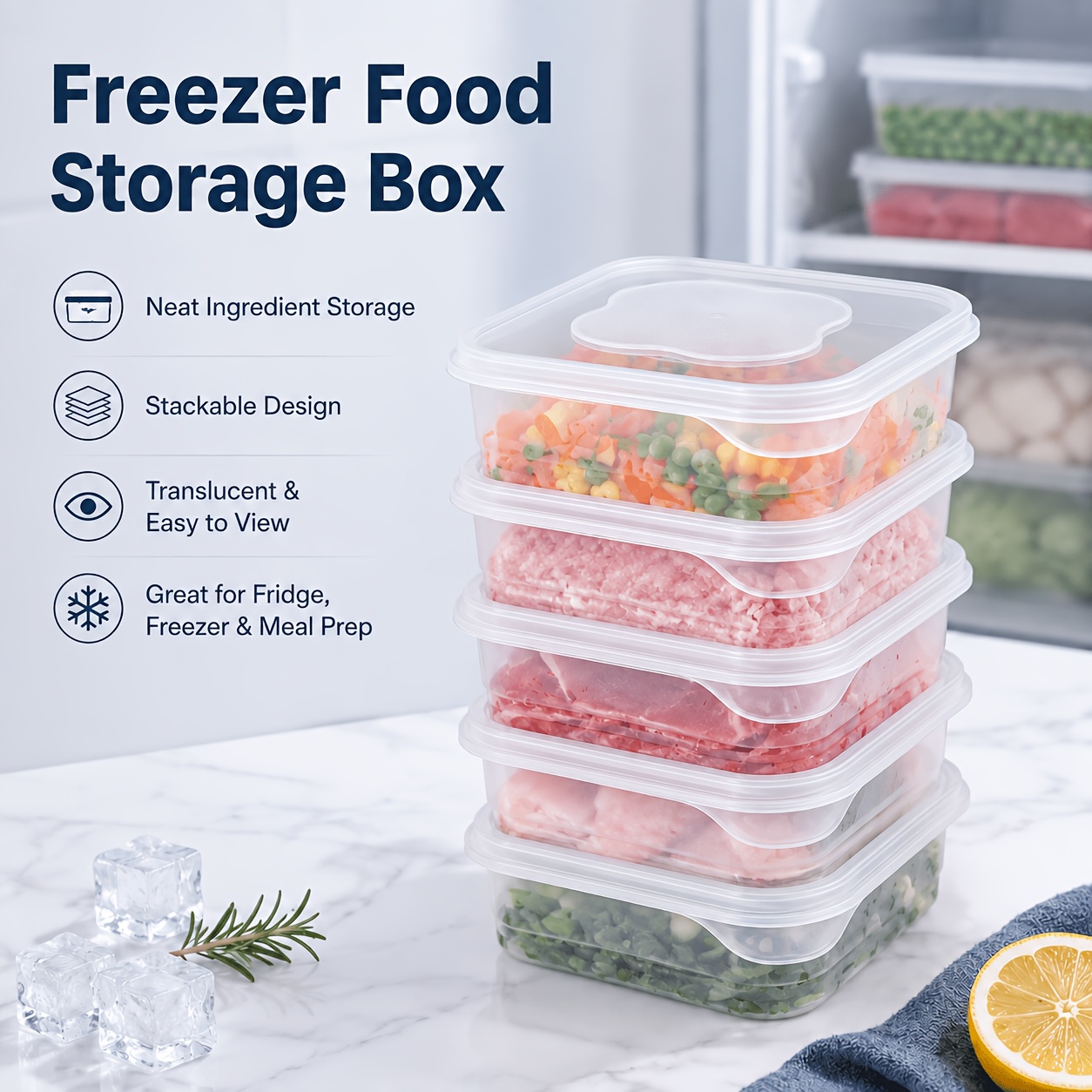 8pcs Set (4pcs Containers And 4pcs Lids) PP Refrigerator Food Storage Boxes, Transparent Stackable Freezer Ingredients Preparation Boxes, Suitable for Meat, Scallions, Ginger, Garlic, Vegetables, Refrigerator Organization, Camping, And Daily Storage