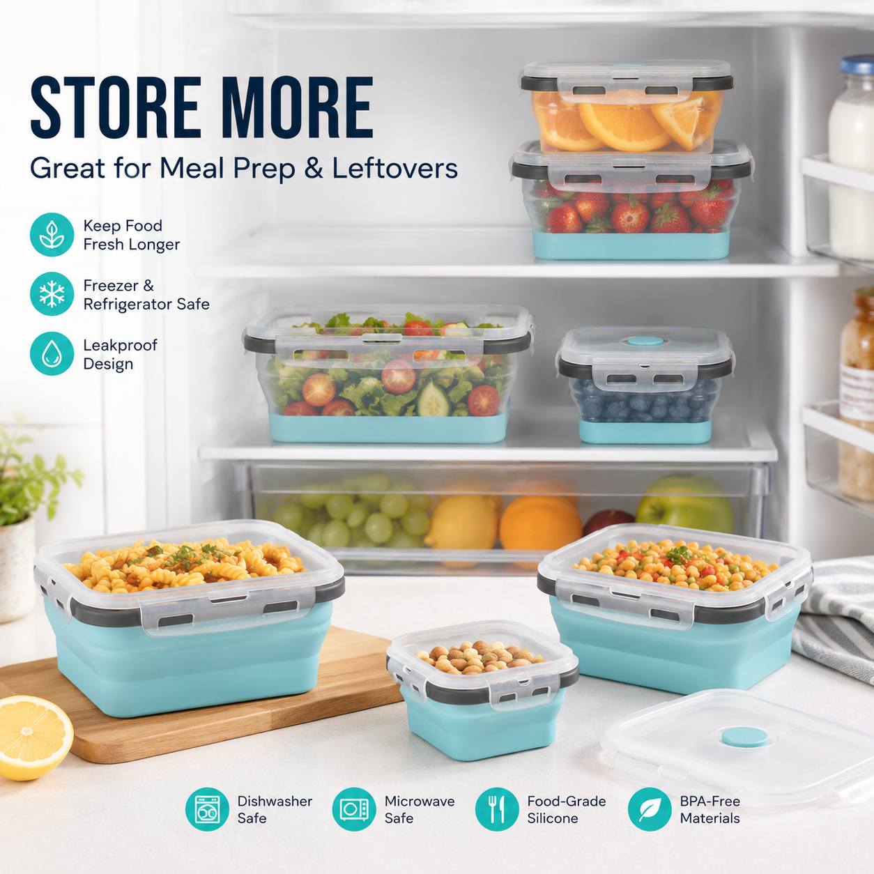 4 Pack Collapsible Food Storage Containers, Foldable Silicone Meal Prep Containers with Airtight Leakproof Lids, Reusable Lunch Boxes, Space Saving Kitchen Storage Containers