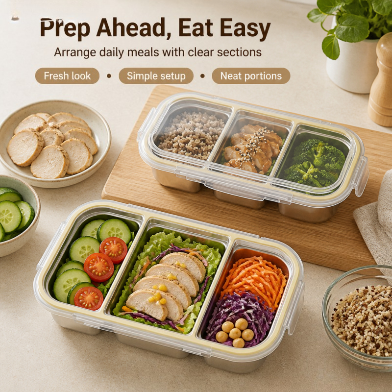 One High-quality 304 Stainless Steel Leak-proof 2-compartment/3-compartment Bento Box, a Durable and Easy-to-clean Lunch Container, Suitable for School, Office, and Travel, a Reusable Meal Prep Box, Dishwasher Safe