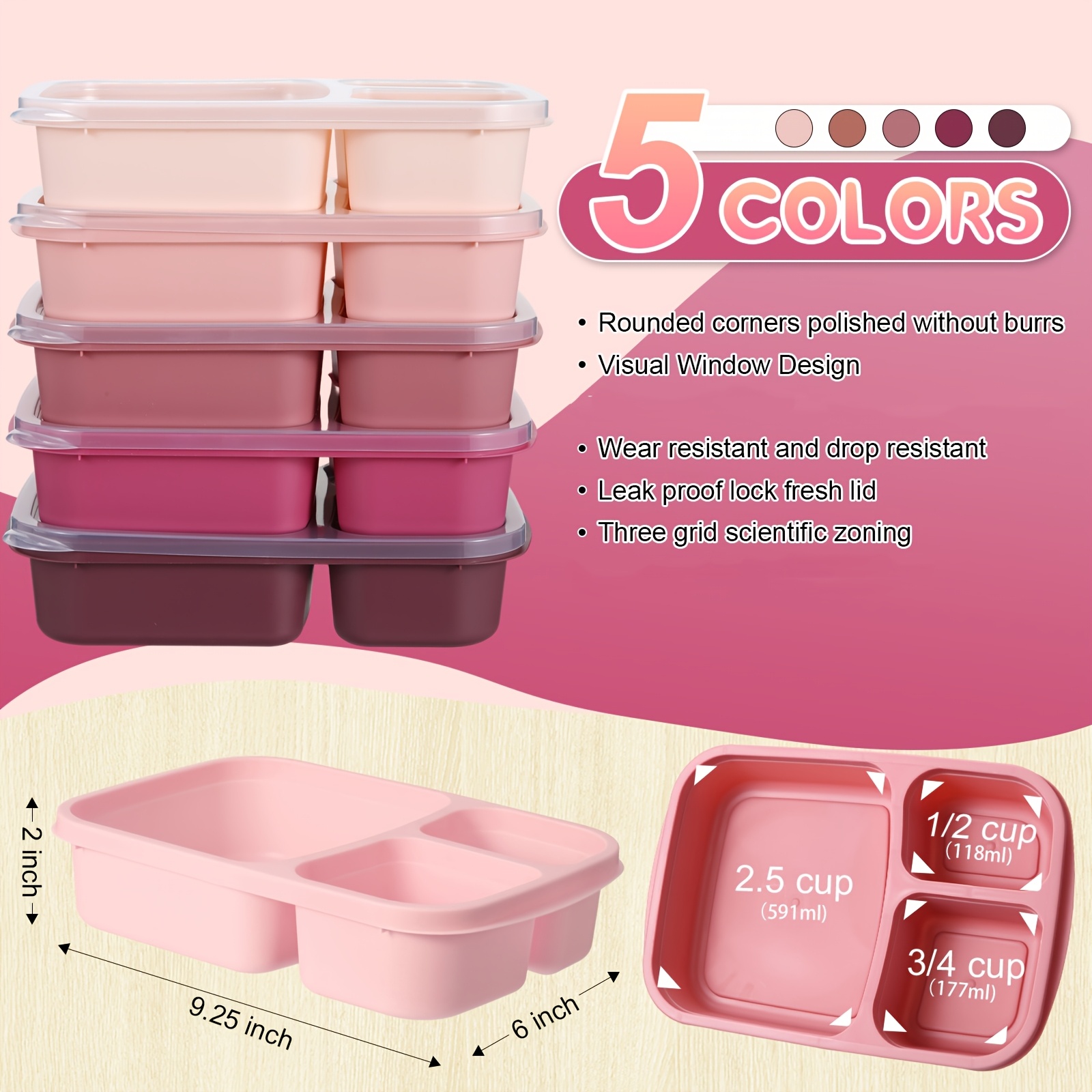 5 Pack Snack Containers Bento Box with Lid, Rose Purple | 3 Compartment Meal Prep Container, 2 Small 5.1oz Sections and 1 Large 10.1oz Section, Reusable, for School, Work and Travel