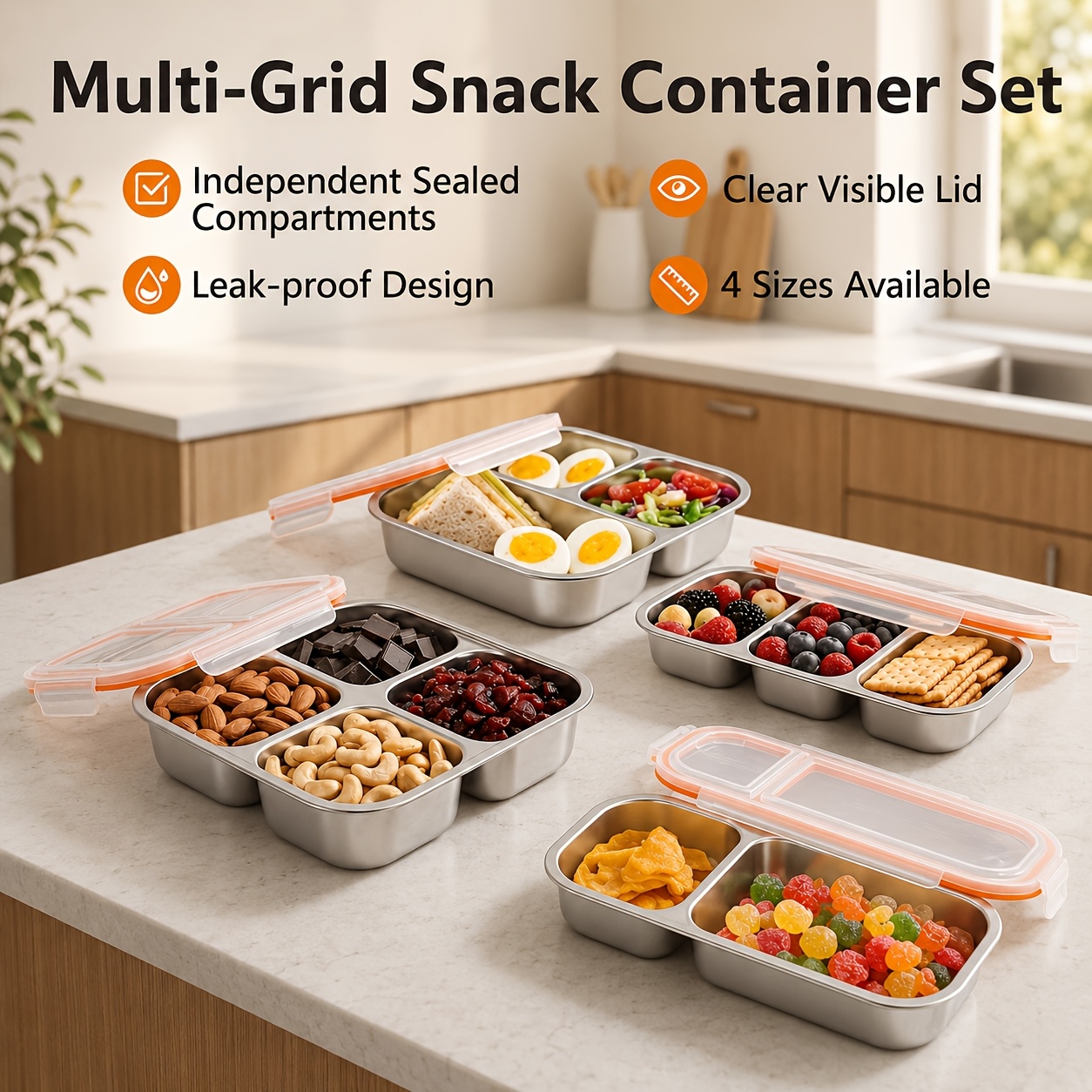 2/3/4 Compartment Stainless Steel Snack Container Divided Food Storage Box with Lid Fridge Storage Container for School/Office/Travel Reusable Meal Prep Lunch Box Portion Control Food Storage Container for Camping Travel Back to School Halloween - Image 3
