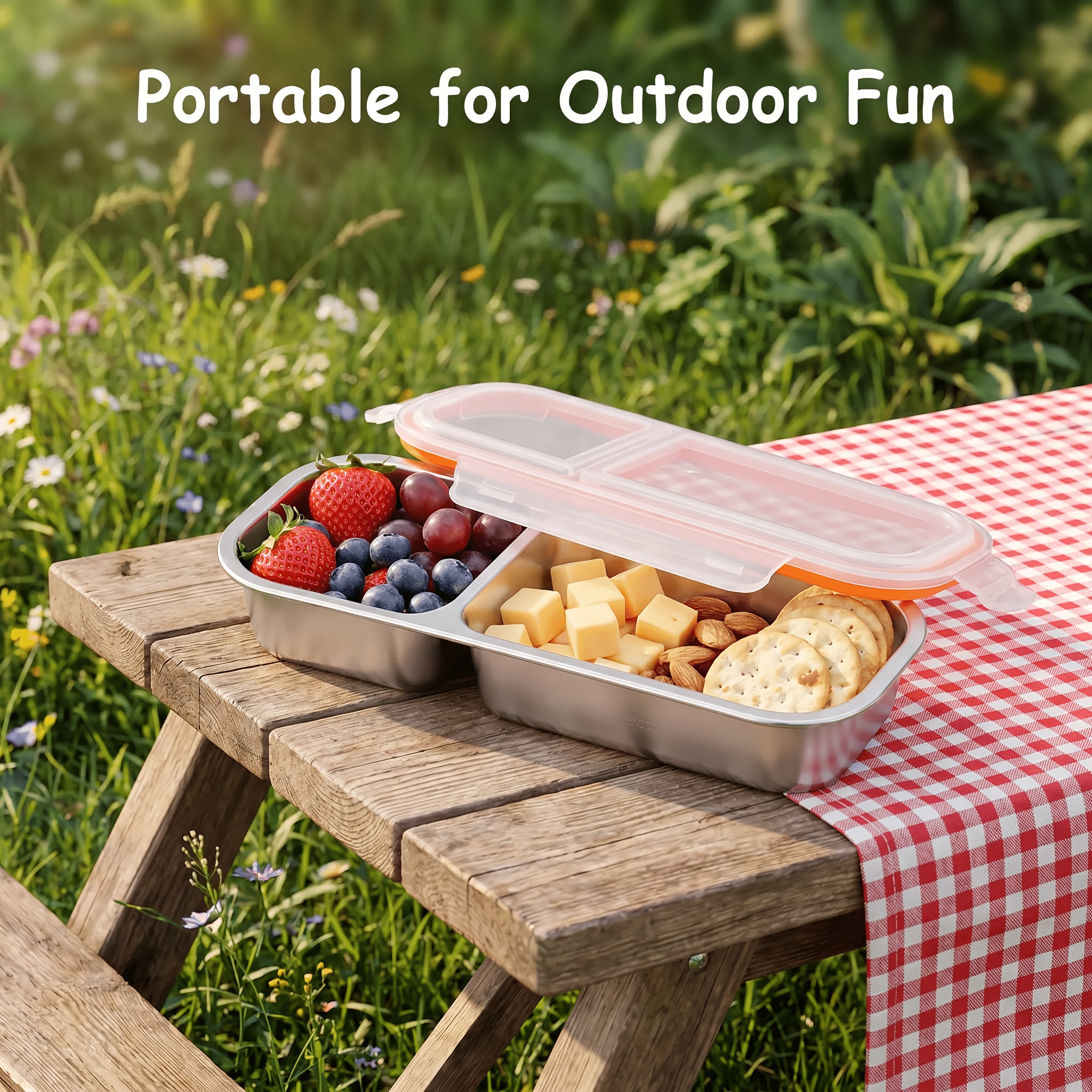 2/3/4 Compartment Stainless Steel Snack Container Divided Food Storage Box with Lid Fridge Storage Container for School/Office/Travel Reusable Meal Prep Lunch Box Portion Control Food Storage Container for Camping Travel Back to School Halloween - Image 4
