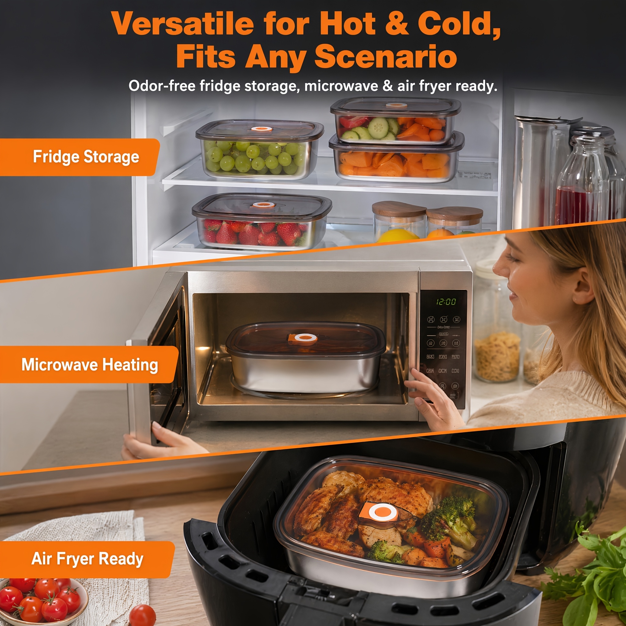 60.87oz Large-Capacity Stainless Steel Food Storage Container, Leak-Proof Sealed Food-Grade Bento Box, Household Lunch Box with Lid for Food Storage, Stackable to Save Space, Microwave and Freezer Safe, Suitable for Multiple Scenarios Including Home - Image 3