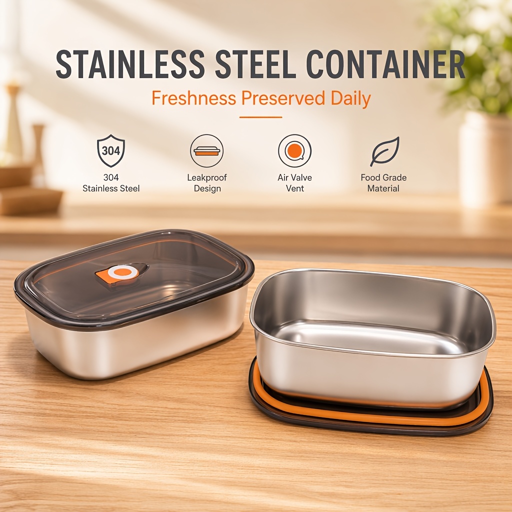60.87oz Large-Capacity Stainless Steel Food Storage Container, Leak-Proof Sealed Food-Grade Bento Box, Household Lunch Box with Lid for Food Storage, Stackable to Save Space, Microwave and Freezer Safe, Suitable for Multiple Scenarios Including Home