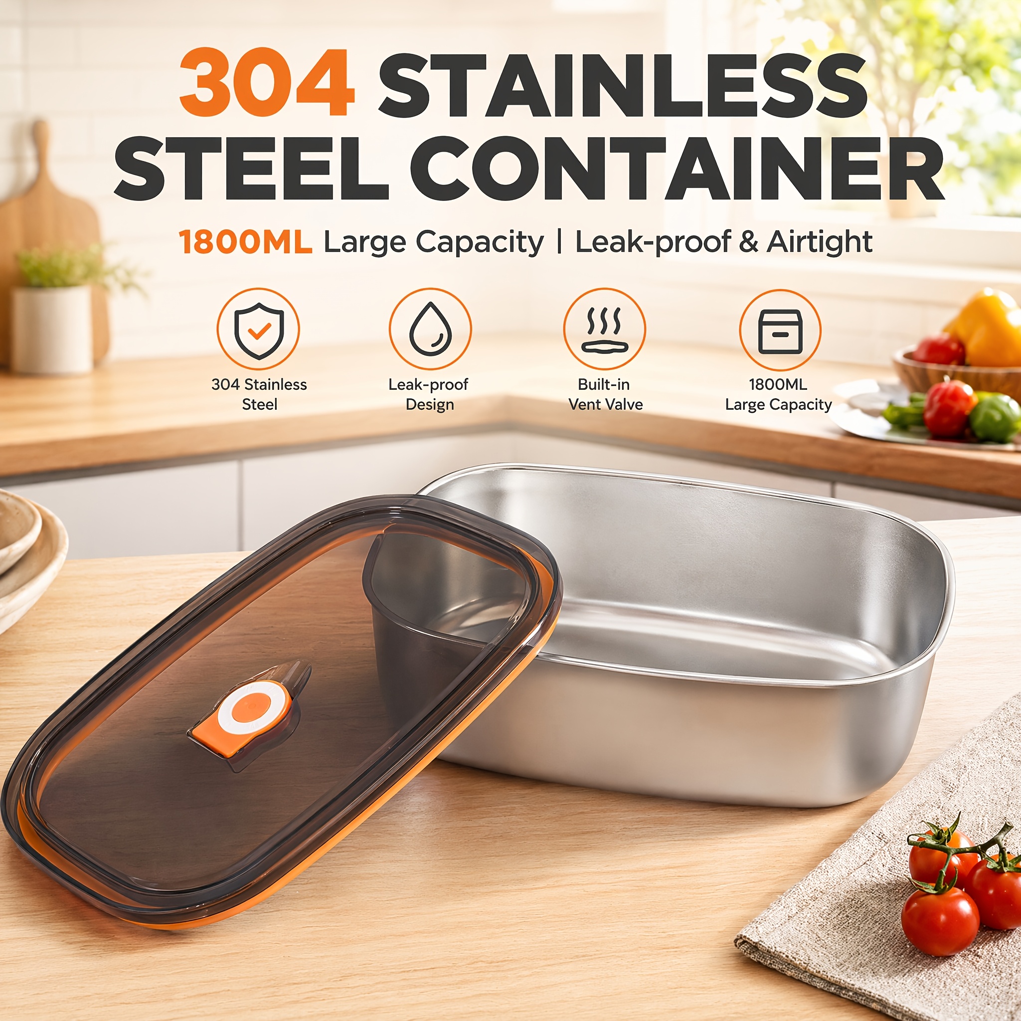 60.87oz Large-Capacity Stainless Steel Food Storage Container, Leak-Proof Sealed Food-Grade Bento Box, Household Lunch Box with Lid for Food Storage, Stackable to Save Space, Microwave and Freezer Safe, Suitable for Multiple Scenarios Including Home - Image 2