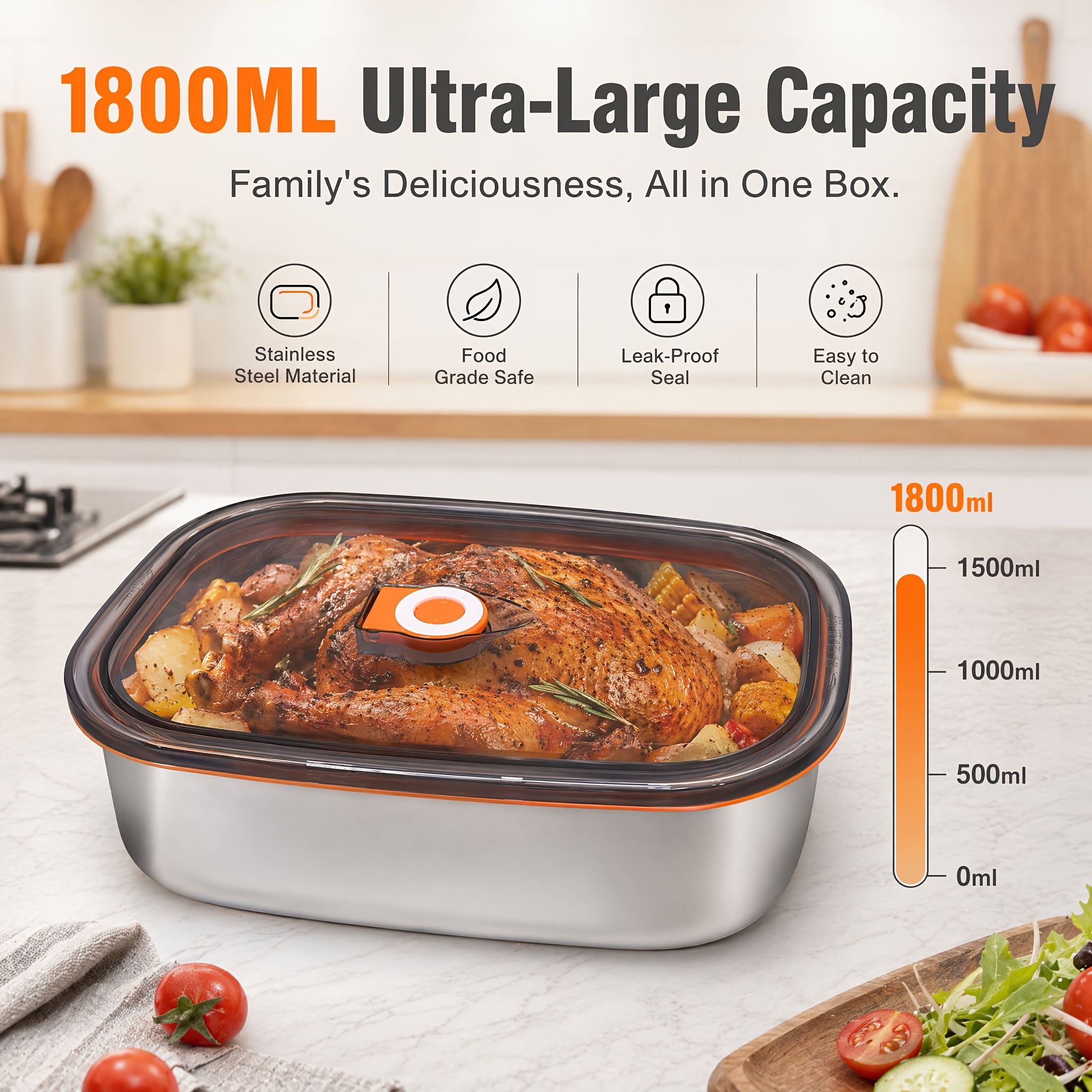 60.87oz Large-Capacity Stainless Steel Food Storage Container, Leak-Proof Sealed Food-Grade Bento Box, Household Lunch Box with Lid for Food Storage, Stackable to Save Space, Microwave and Freezer Safe, Suitable for Multiple Scenarios Including Home - Image 5