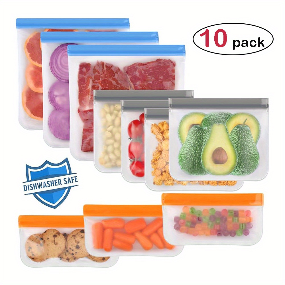 10-Pack Reusable Food Storage Bags | Leakproof Self-Standing Silicone Containers, Dishwasher & Freezer Safe, Clip-On Closure for Kitchen Organization