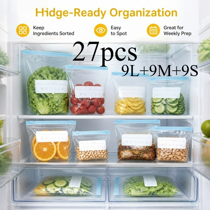 27pcs Reusable Food Storage Bags with Zipper Closure - Food-Grade Leak-Proof Bags for Kitchen Fridge, Ingredient Prep, Fruits, And Vegetables