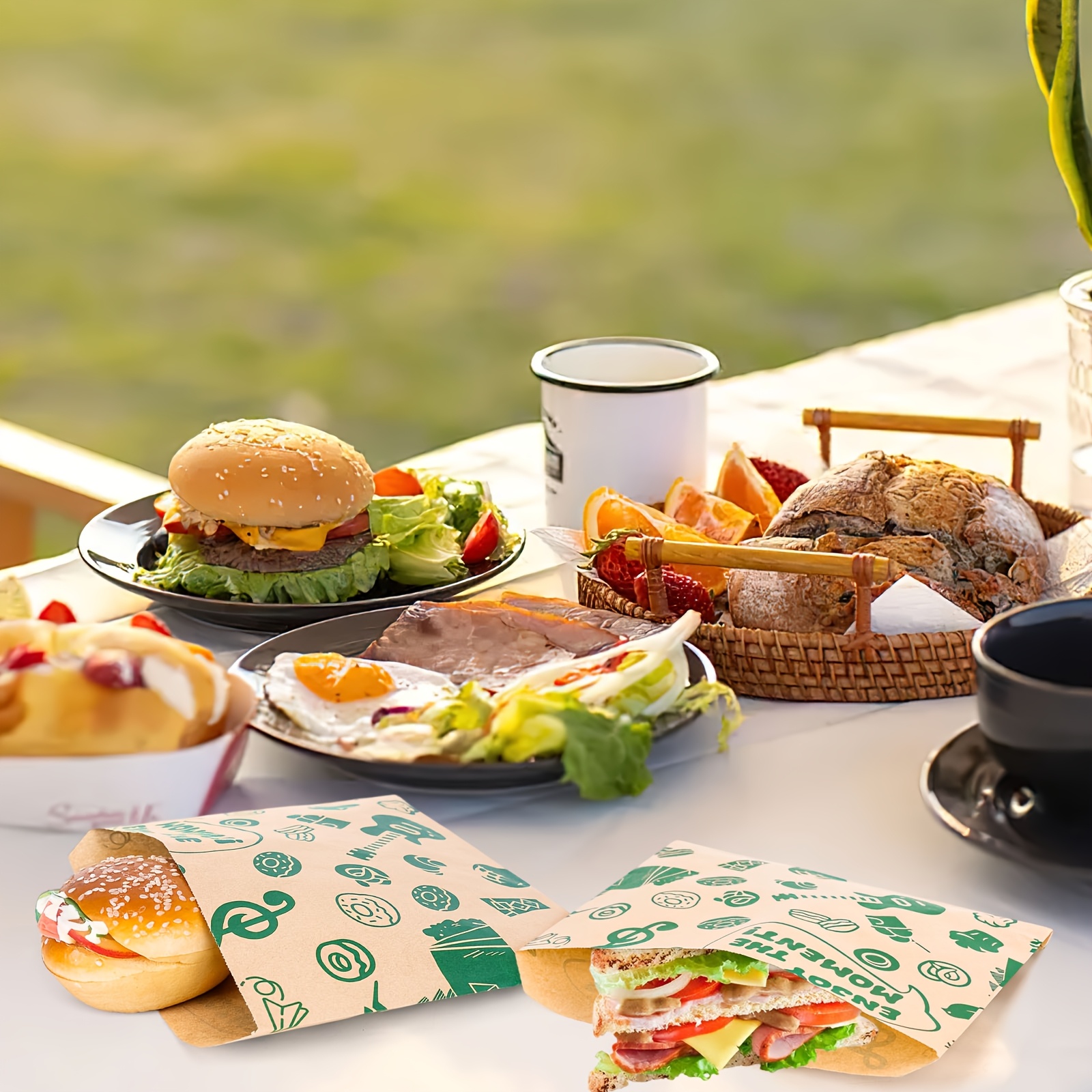 100pcs Oil-Proof Packaging Picnic-Themed Disposable Kraft Paper Sandwich Bags, Hamburgers, Sandwiches, Cheese, Picnics, Parties, Baking, Cooking, Frying UsePackaging Paper, Camping, Hiking, Picnics & Outdoor Grilling, Mother's Day Gifts Supplies