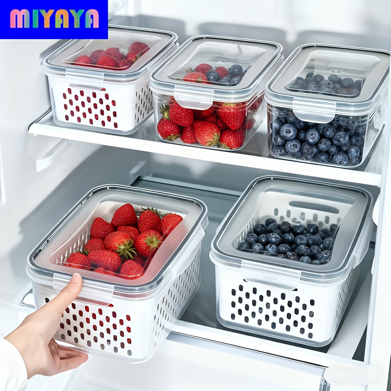 18/15/9/6/4pcs Food-Grade Drainage Baskets. Household Airtight Refrigerator Fresh-Keeping Storage Containers With Drain Basket And Lid For Storing Various Fruits And Vegetables. 6/5/3/2 Boxs+6/5/3/2 Covers +6/5/3/2 Drain Nets