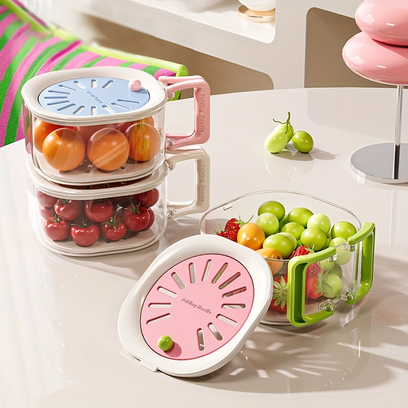 2-In-1 Dual-Layer Drain Basket: Fruit Draining Container with Foldable Handles, Fruit And Vegetable Washing Bowl, Multifunctional Food Strainer, Refrigerator Storage Basket, And Thickened Fruit Tray - Suitable for Kitchens, Refrigerators, Camping