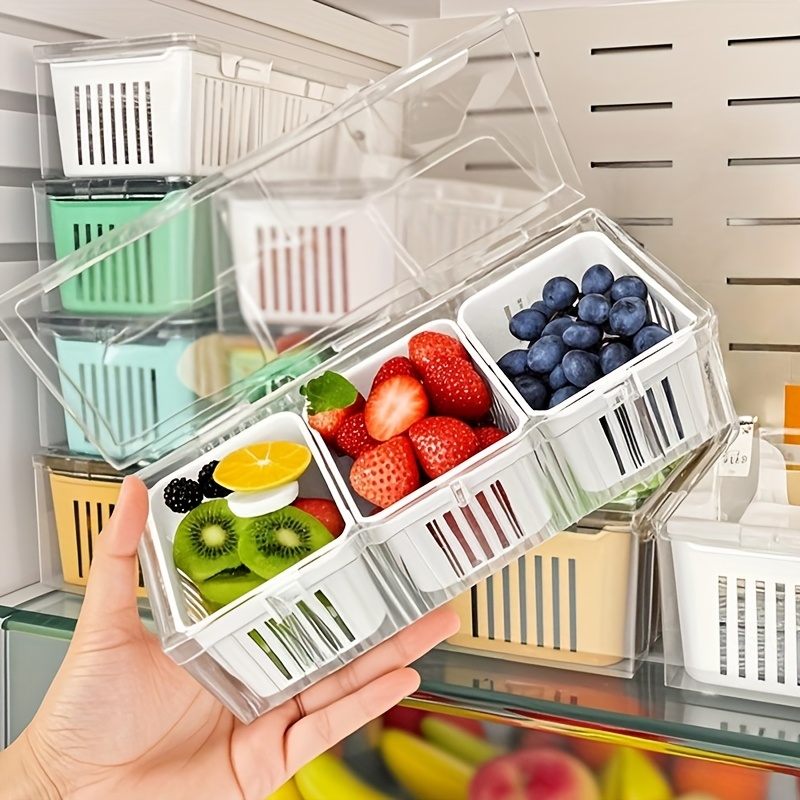 4pcs Set: 1 Large Box + 3 Drain Baskets, Refrigerator Replacement Storage Containers, Fresh-Keeping Boxes, Transparent Stackable Drainable Storage Containers with Lids, Multi-Functional Kitchen Sorting Organizers, Fruit and Snack Fresh-Keeping