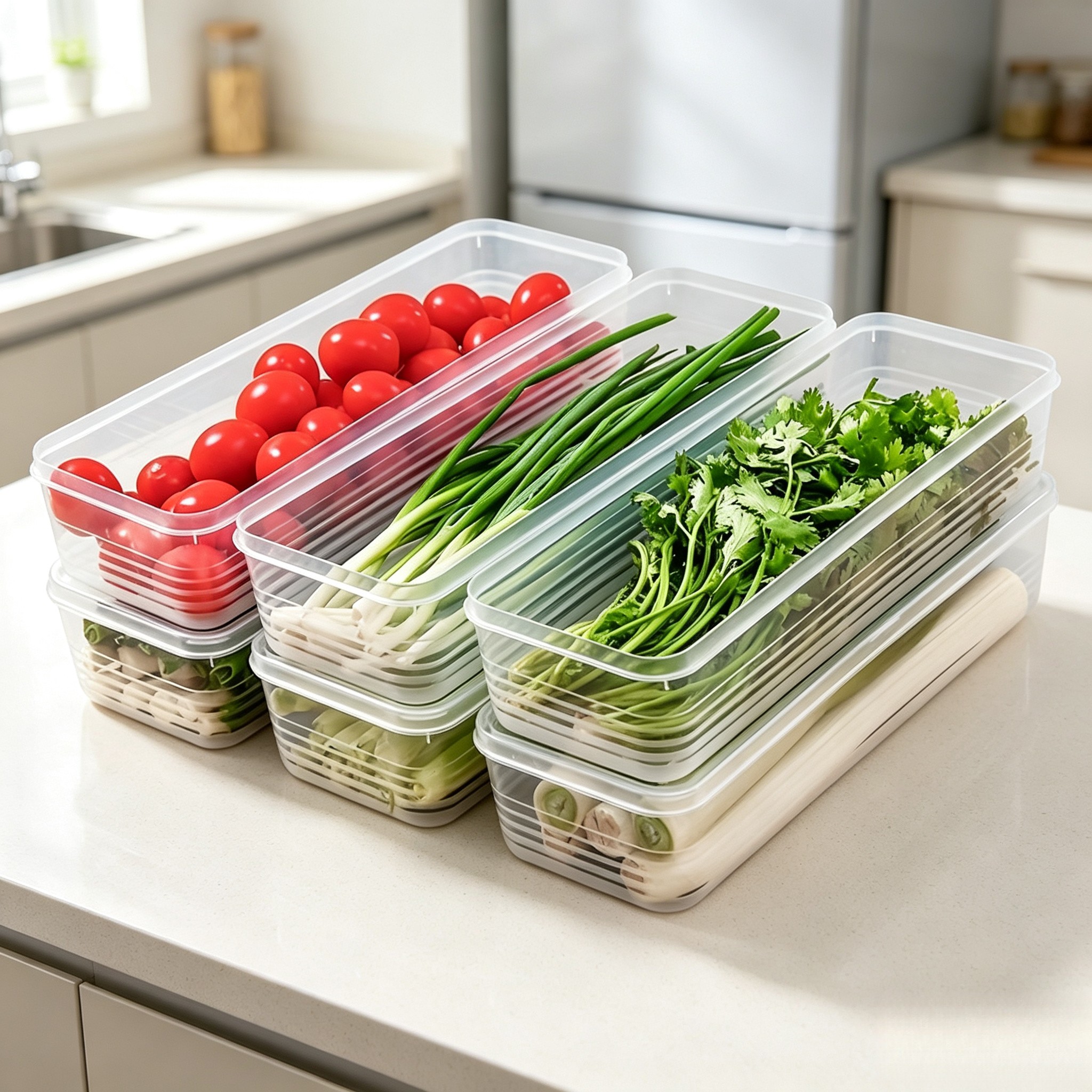 Set of 6 Long Plastic Refrigerator Storage Containers- Airtight and Suitable for Cilantro, Scallions, Mint, and Vegetables; Durable Kitchen Organizers