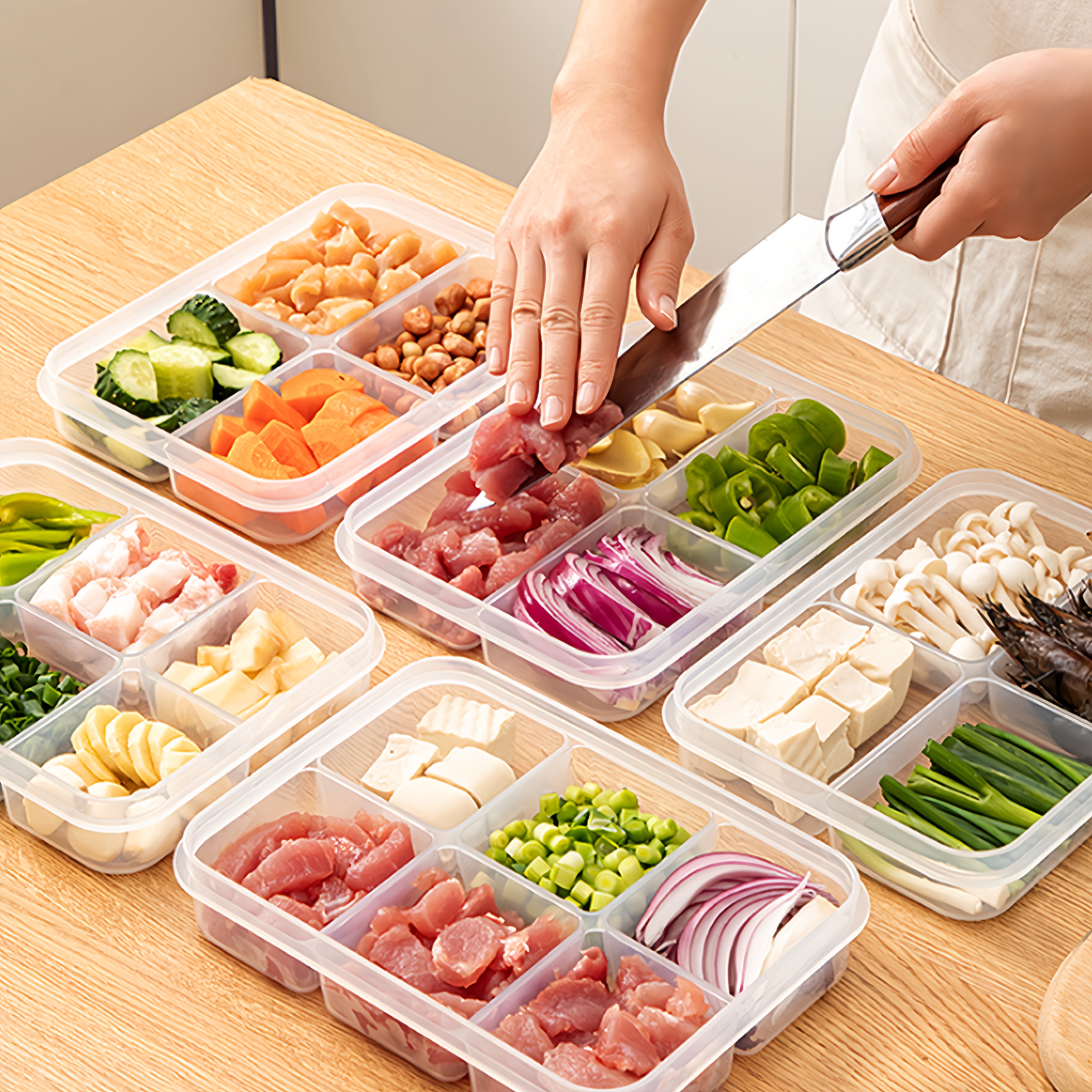 4pcs Set: 2 Lids + 2 Containers, New Thickened 6-Compartment Refrigerator Storage Box, Fresh-Keeping Container with Ventilation Holes in Lid, Kitchen Storage Supplies, Suitable for Separately Storing Ingredients, Scallions, Meat, and Various