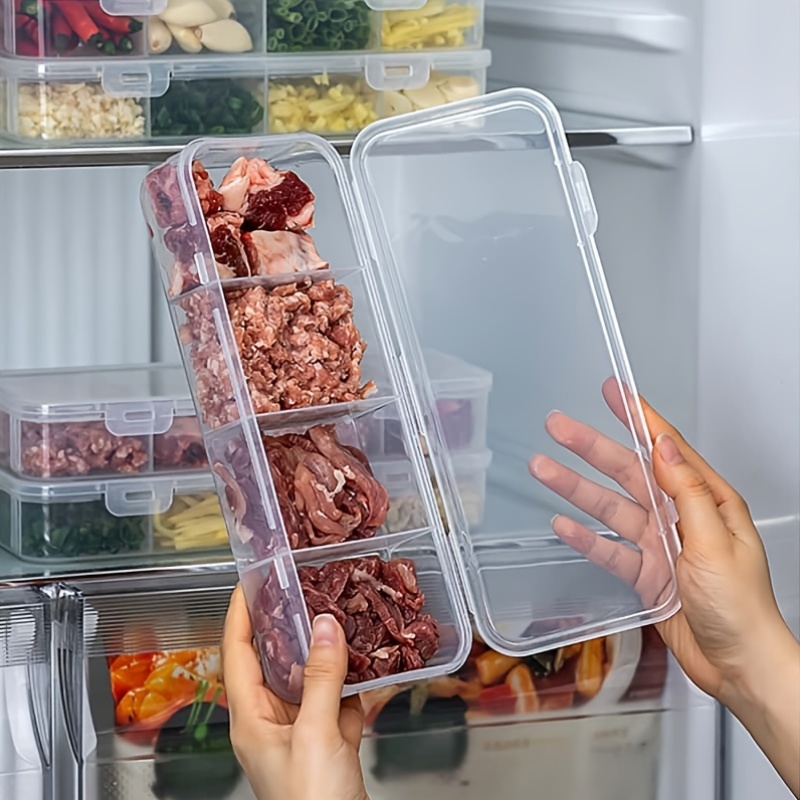 4-Grid Refrigerator Replacement Storage Box, with Dividers, with Lid, Stackable And Reusable Fresh Box, Suitable for Storing Grains, Meat, Fruits, And Vegetables, Ideal for Kitchen Food Organization