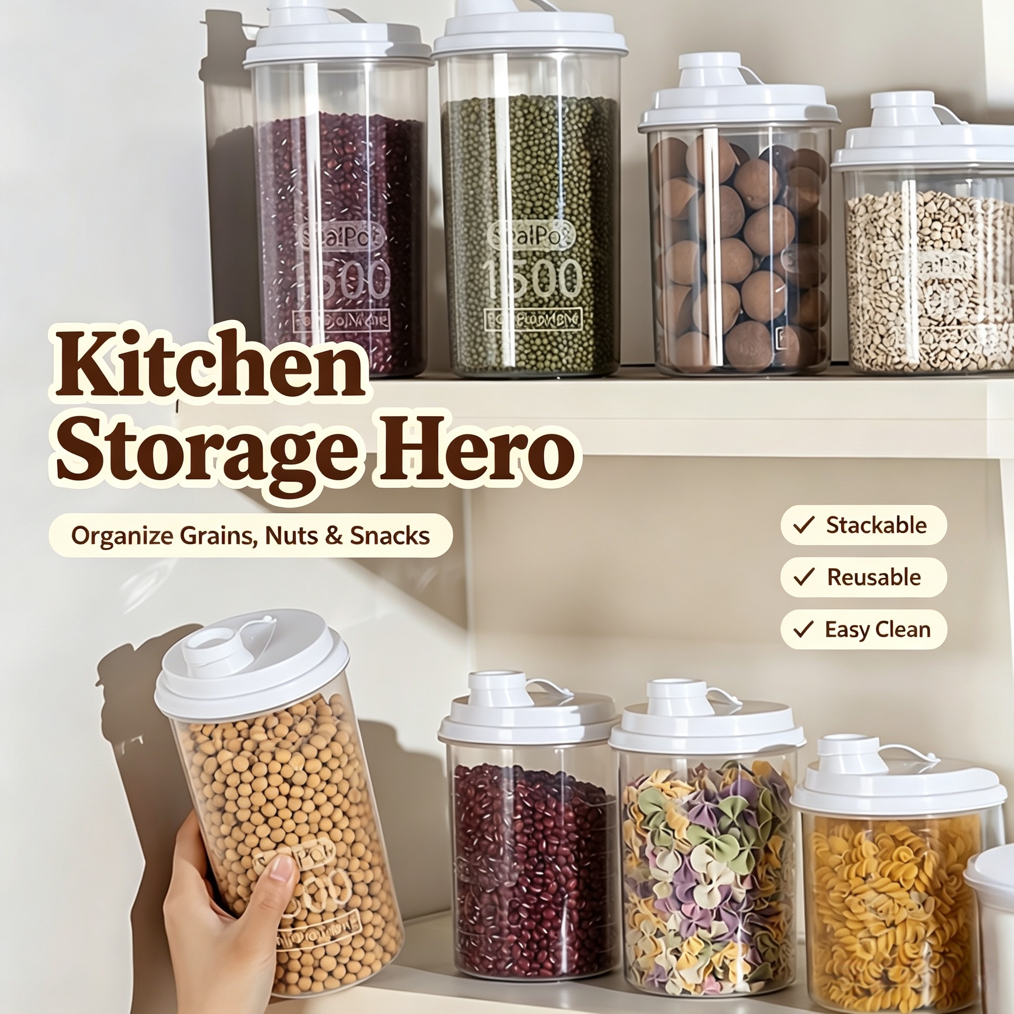 4pcs Multi-Functional Airtight Grain Storage Containers, Transparent with Measurement Markings - Food Storage and Fresh-Keeping Containers, Rice and Grain Containers, Airtight Seed and Cereal Jars, Reusable Spice Jars for Kitchen Use, for Beans