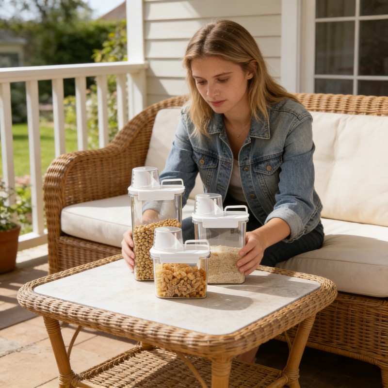 This Set of Four Airtight Grain Storage Containers Features a Transparent Design with Dust-Proof Lids. They Can Be Stacked in Layers Without Taking Up Too Much Space, Making Them Ideal for Storing Grains, Beans, Spices