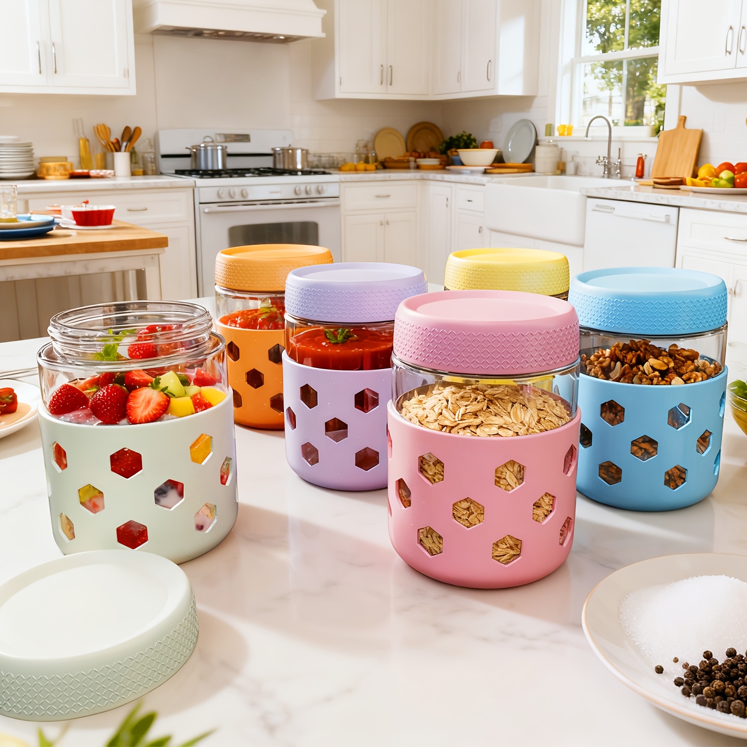 6-Pack 16oz Glass Mason Jars with Silicone Sleeves, Airtight Overnight Oats Containers with Lids, Dishwasher Safe Leak-Proof Meal Prep Jars for Chia Pudding, Yogurt, Snacks