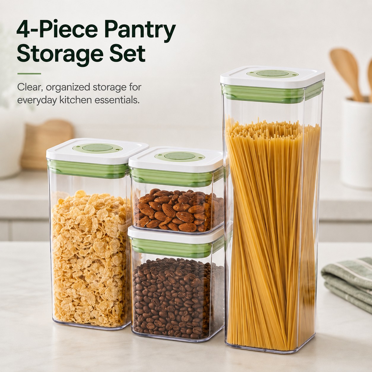 Linoroso 4pcs Clear ABS Flip-Top Pantry Organizer Canister Set with Date Tracking Dial & Press-Top Lids - Multi-Size Square Food Storage Containers Suitable for Pasta, Cereal, Coffee Beans, Nuts, Oats, Dry Food - Space-Saving Shelf